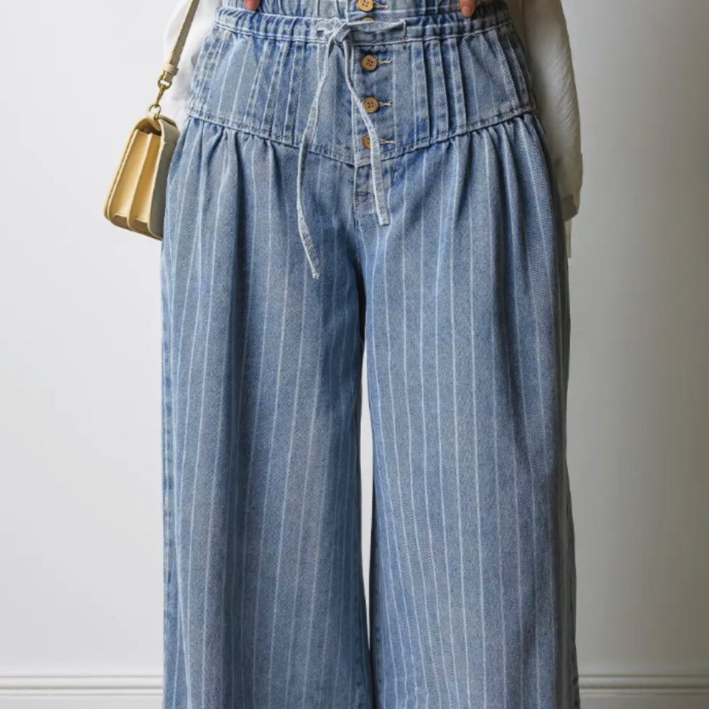 Women’s Striped Wide Leg Jeans – High Waist Drawstring Denim Pants with Pleated